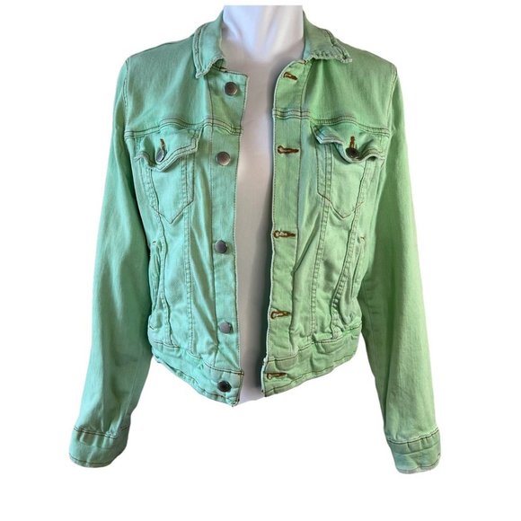 Free People X MF 2 Distressed Mint Green Jean Denim Jacket Women's Med